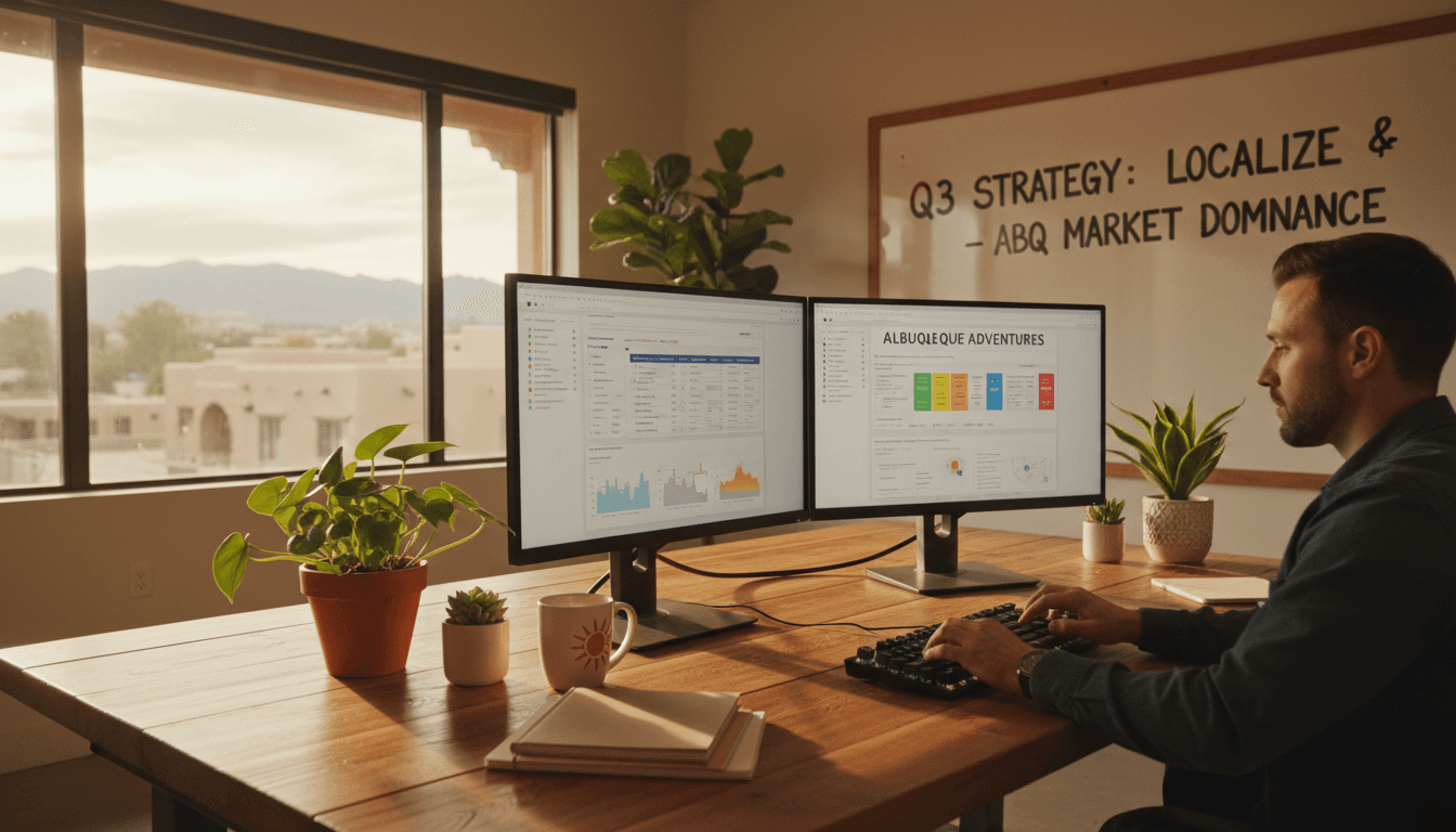 Marketing professional working at desk with analytics dashboards visible