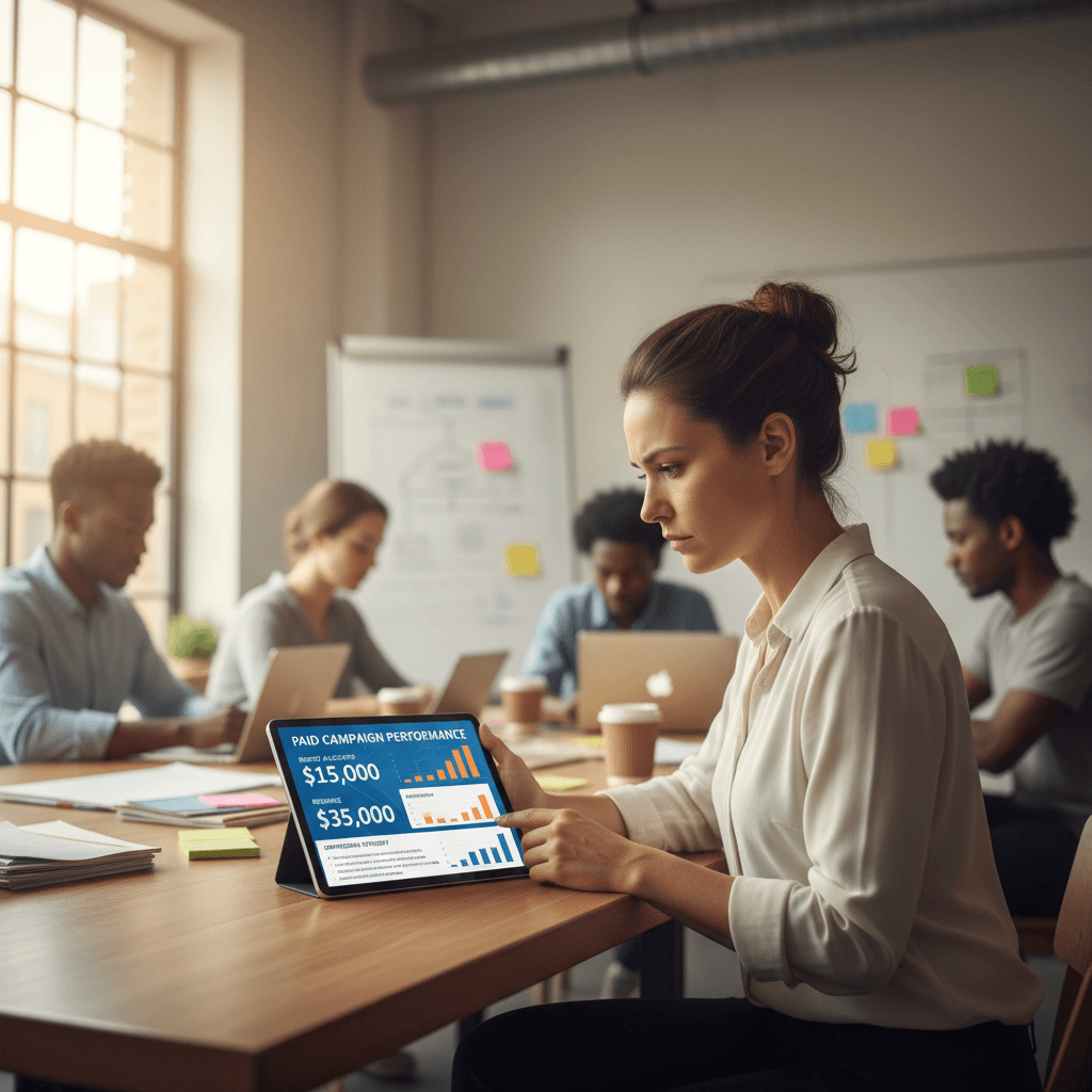 Marketing professional analyzing paid campaign performance metrics
