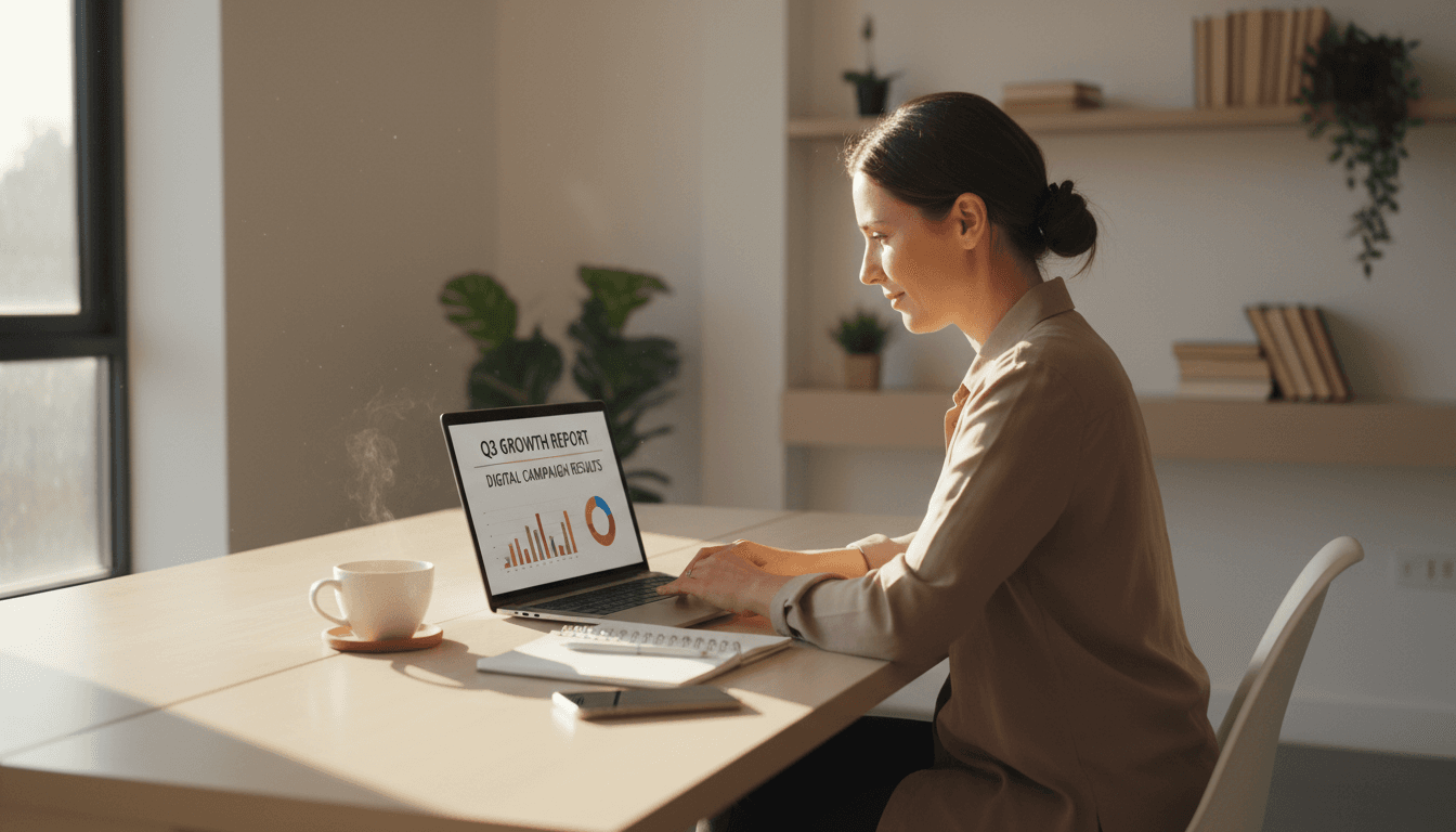 Business owner reviewing marketing campaign results and analytics