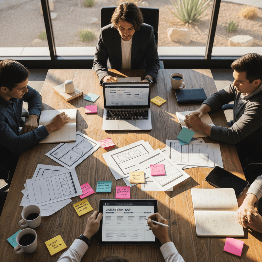 Strategic planning session with campaign roadmap and audience research